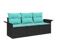 vidaXL Ensemble de Canapés avec Coussin 3 pcs Noir et Bleu polyrotin, Canapé modulable léger pour Jardin et terrasse, en matériaux résistants UV, mobilier extérieur imperméable