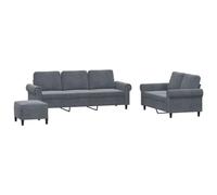 vidaXL Ensemble canapés 3 pcs avec coussins, accoudoirs, dossier et repose-pied velours gris foncé