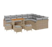 Ensemble de canapé de jardin de 13 pièces avec coussins beige poly rotin acacia, Ensemble de salle à manger de 4 pièces avec coussins beige poly rotin acacia, Canapé de jardin deux places avec coussin