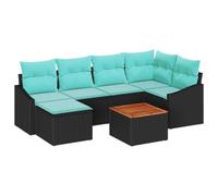vidaXL Ensemble de canapés de jardin avec coussins en polyrotin noir, 7 pièces, mobilier d'extérieur en bois d'acacia, design confortable pour se détendre et se détendre sur terrasse ou balcon