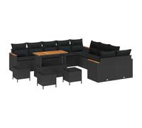 Ensemble de canapés de jardin de 14 pièces avec coussins noir poly rotin acacia, Ensemble de salle à manger de jardin de 4 3365059