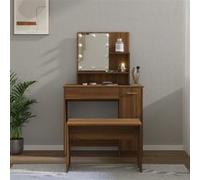 Ensemble De Coiffeuse En Bois Contreplaqué De Chêne Brun Avec Miroir Led Et Tabouret Usb Marron