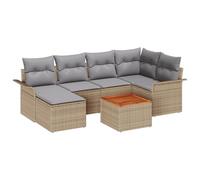 vidaXL Ensemble de Canapés de Jardin 7 Pièces avec Coussins Beige Poly Rotin Acacia, Canapé de Jardin 2 Places Rangement et Coussins Beige Poly Rotin