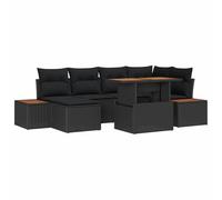 vidaXL Ensemble de Jardin en 7 pièces avec Coussins - Noir en Poly Rattan et Acacia. Table extérieure réglable, mobilier modulable pour terrasse, canapé de Patio, Coin détente Jardin.