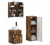 vidaXL Ensemble de mobilier de Salle de Bain 4 pcs Chêne fumé, Mobilier de Salle de Bain Moderne, Armoire Mirroir, Meuble Gain de Place, Éclairage LED, Solutions de Rangement