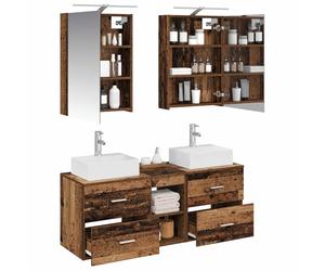vidaXL Ensemble de mobilier de Salle de Bain 5 pcs Bois Ancien, Meuble Vasque Moderne, Meuble Mural, Miroir LED, rangements, Style Contemporain, Organisation Salle de Bain