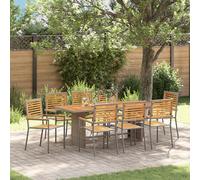 Vidaxl Ensemble De Repas De Jardin 9 Pièces Grey Poly Rattan Acacia, Chaises De Jardin Empilables Vidaxl Avec Coussins 2 Pcs Grey Poly Rattan