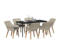 vidaXL Ensemble de Salle à Manger extérieur pour 7 Personnes, avec Jambes en Forme d'étoile, Table carrée de 160 cm en Verre trempé, Cadre en Fer, chaises en Rattan Gris Clair avec Finition Noire. Mo