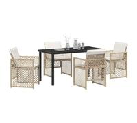 Ensemble De Salle À Manger De Jardin 5 Pièces Avec Coussins Beige Poly Rattan, Table De Jardin Vidaxl Noire 140x80x73 Cm En Verre Trempé