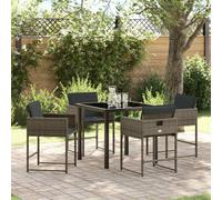 vidaXL Set de jardin 5 pièces avec coussins gris en rotin synthétique et cadre en acier pour 4 personnes, table et chaises en verre trempé noir. Idéal pour la terrasse, c'est un mobilier moderne parfa