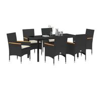Ensemble De Salle À Manger De Jardin 7 Pièces Avec Coussins En Poly Rattan Noir Vidaxl, Table De Jardin Vidaxl Noire 160x80x73 Cm En Verre Trempé