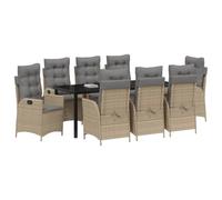 vidaXL Ensemble de Salle à Manger pour Jardin 9 pcs Beige polyrotin, Ensemble de Jardin Chic, Meubles en Poly rotin, Table en Verre, chaises en Acier, Dossier réglable