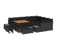vidaXL Ensemble de Sofas de Jardin 12 pièces avec Coussins Poly Rattan Noir et Acacia, Ensemble de Salle à Manger Jardin 3 pièces avec Coussins Poly Rattan Noir et Acacia