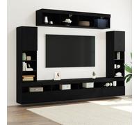 Vidaxl Ensemble D'unités Murales Tv De 8 Pièces Avec Éclairage Led Chêne Noir Bois D'ingénierie