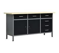 vidaXL Établi, Table de Travail avec 2 Tiroirs, Poste de Travail avec Rangement, Meuble de Stockage Garage Atelier Intérieur, Noir Acier