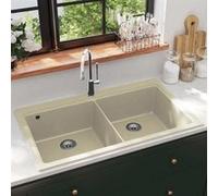 vidaXL Évier de cuisine 144851 – Granit double lavabo encastré réversible avec égouttoir Beige