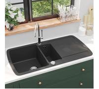 vidaXL Évier de Cuisine en Granit Double Bac Noir Maison Décor de Cuisine 142946