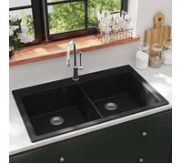 vidaXL Évier de cuisine encastrable 2 bacs 141675 – Granite noir – Lave-main