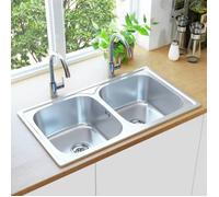 vidaXL Evier Double de Cuisine avec Crépine et Piège Evier Encastré Evier à Double Vasque Maison Intérieur Robuste Acier 145074
