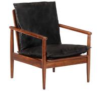 vidaXL Fauteuil, Chaise avec Coussin, Siège avec Accoudoir, Meuble de Salon Salle de Séjour, Noir Cuir Véritable et Bois d'Acacia Massif