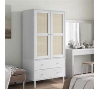 vidaXL Garde-robe, Armoire avec 2 Tiroirs et 4 Compartiments, Placard avec Porte, Meuble de Rangement, Aspect Rotin Blanc Bois Massif Pin 358035 Blanc G