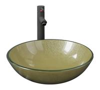 Lavabo de bain avec robinet et drain à poussoir Verre trempé, 42 x 14 cm (Diam. x H), Or