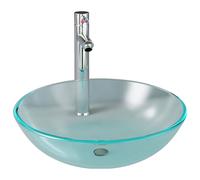 Lavabo de bain avec robinet et drain à poussoir Verre trempé, 8.08kg, 42 x 14 cm (Diam. x H), Blanc