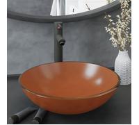 Lavabo de bain avec robinet et drain à poussoir Verre trempé, 42 x 14 cm (Diam. x H), Brun