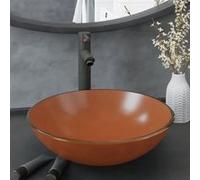 Lavabo de bain avec robinet et drain à poussoir Verre trempé, 42 x 14 cm (Diam. x H), Brun