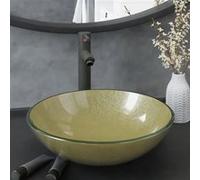 vidaXL Lavabo de bain avec robinet et drain à poussoir Verre trempé, 42 x 14 cm (Diam. x H), Or Vert G