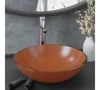 Lavabo de bain avec robinet et drain à poussoir Verre trempé, 8.23kg, 42 x 14 cm (Diam. x H), Brun