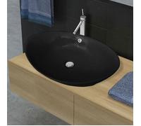 vidaXL Lavabo ovale en céramique noir avec trop plein 59 x 38,5 cm