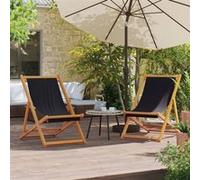 vidaXL Lot de 2 Chaises de Plage Pliables, Sièges avec Cadre en Bois, Chaises de Camping, Transats de Jardin Terrasse, Moderne, Noir Tissu