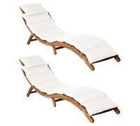 vidaXL Chaises longues 3155473 – Lot de 2, bois acacia massif, pliables, avec coussins, crème/blanc