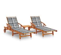vidaXL Lot de 2 Chaises Longues avec Table avec Coussins, Bain de Soleil, Transat de Terrasse, Siège de Jardin Patio Extérieur, Acacia Solide