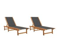 Lot de 2 Chaises Longues, Bain de Soleil, Transat de Terrasse, Siège de Jardin Patio Balcon Extérieur, Noir Bois d'Acacia Solide et Textilène