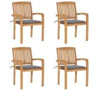 Lot de 4 Chaises de Jardin Empilables avec Coussins, Sièges de Terrasse, Chaises de Salle à Manger, Meubles de Patio Extérieur, Teck Solide