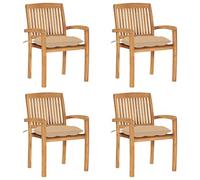 vidaXL Lot de 4 Chaises de Jardin Empilables avec Coussins, Sièges de Terrasse, Chaises de Salle à Manger, Meubles de Patio Extérieur, Teck Solide