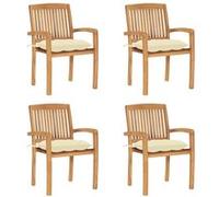 vidaXL Lot de 4 Chaises de Jardin Empilables avec Coussins, Sièges de Terrasse, Chaises de Salle à Manger, Meubles de Patio Extérieur, Teck Solide Blanc G
