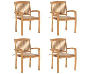 vidaXL Lot de 4 Chaises de Jardin Empilables avec Coussins, Sièges de Terrasse, Chaises de Salle à Manger, Meubles de Patio Extérieur, Teck Solide