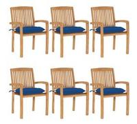 vidaXL Lot de 6 Chaises de Jardin Empilables avec Coussins, Sièges de Terrasse, Chaises de Salle à Manger, Meubles de Patio Extérieur, Teck Solide Bleu G