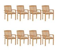 Lot de 8 Chaises de Jardin Empilables avec Coussins, Sièges de Terrasse, Chaises de Salle à Manger, Meubles de Patio Extérieur, Teck Solide