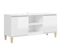 vidaXL Meuble TV avec Pieds en Bois, Armoire de Télévision avec 2 Compartiments, Meuble Télé avec Rangement Salon, Scandinave, Blanc Brillant