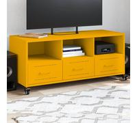 Meuble TV, Armoire de Télévision avec Tiroirs et Etagères, Support Télé avec Rangement Salle de Séjour, Jaune Moutarde 100,5x39x43,5 cm Acier