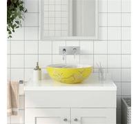 vidaXL Vasque à poser – Rond Φ41x14 cm – Céramique, trou de vidange – Blanc et Jaune