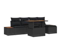 vidaXL Pack de Jardin 6 pièces avec Coussins Noirs et Bruns en Rattan polyacrylique Acacia. Mobilier de Patio Moderne pour 5 Personnes, canapé modulable et Coin Salon extérieur.