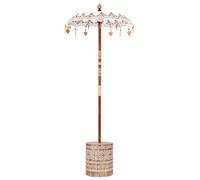 Parasol rond en teck balinais avec une base blanche en coton et en bois massif, taille 95-100 cm. Il est stable, lourd et fait main. Parfait pour l'été, à l'extérieur dans le jardin ou sur la terrasse
