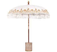 Parasol de terrasse balinais crème Ø 210-220 cm avec base en bois blanchi, toile en coton marron, cadre en bois fait main, été, extérieur, design rond, poteau de 3,8 pouces, ombre, couverture de jardi