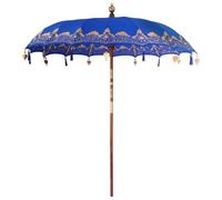 vidaXL Parasol de Jardin Bleu, 210-220 cm, Pliable, résistant à l'eau, Style balinais. en Coton et Bois Massif avec Une Finition Lisse laquée. Réglage Manuel, Poteau de 3,8 cm. Parasol de Patio, idéa