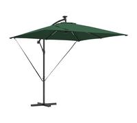 vidaXL Parasol déporté Vert 2,49 m x 2,5 m en Acier, avec revêtement en Poudre. Il a Un Tissu en Polyester et des LEDs solaires, l'inclinaison est réglable. Il y a Aussi des Cordes de Protection cont